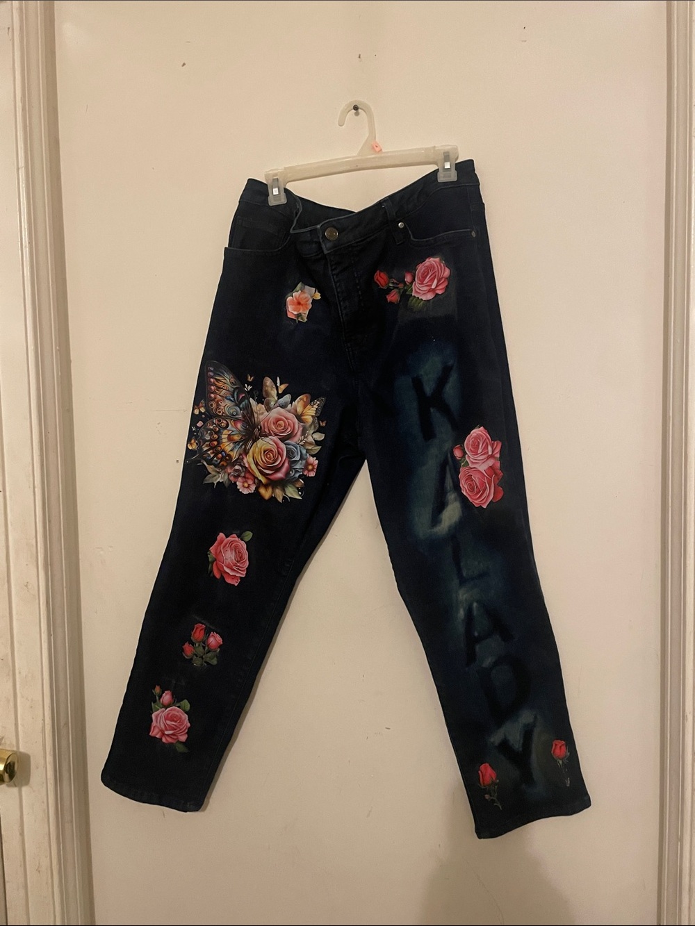Terra & Sky Dark Blue Jeans with Pink Rose & Butterfly Motif